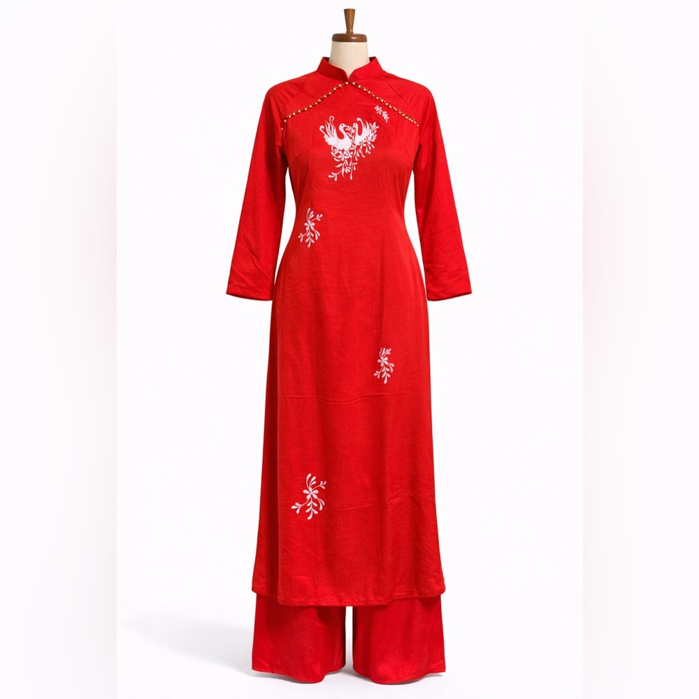 Red Embroidered Maxi Dress - Women